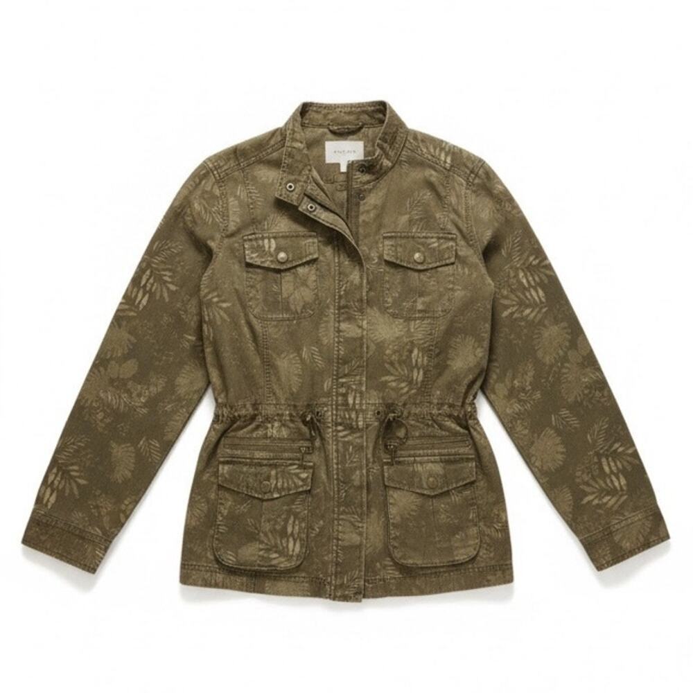 L.L.Bean Olive Green Leaf Print Utility Chore Jacket Medium Outerwear Workwear